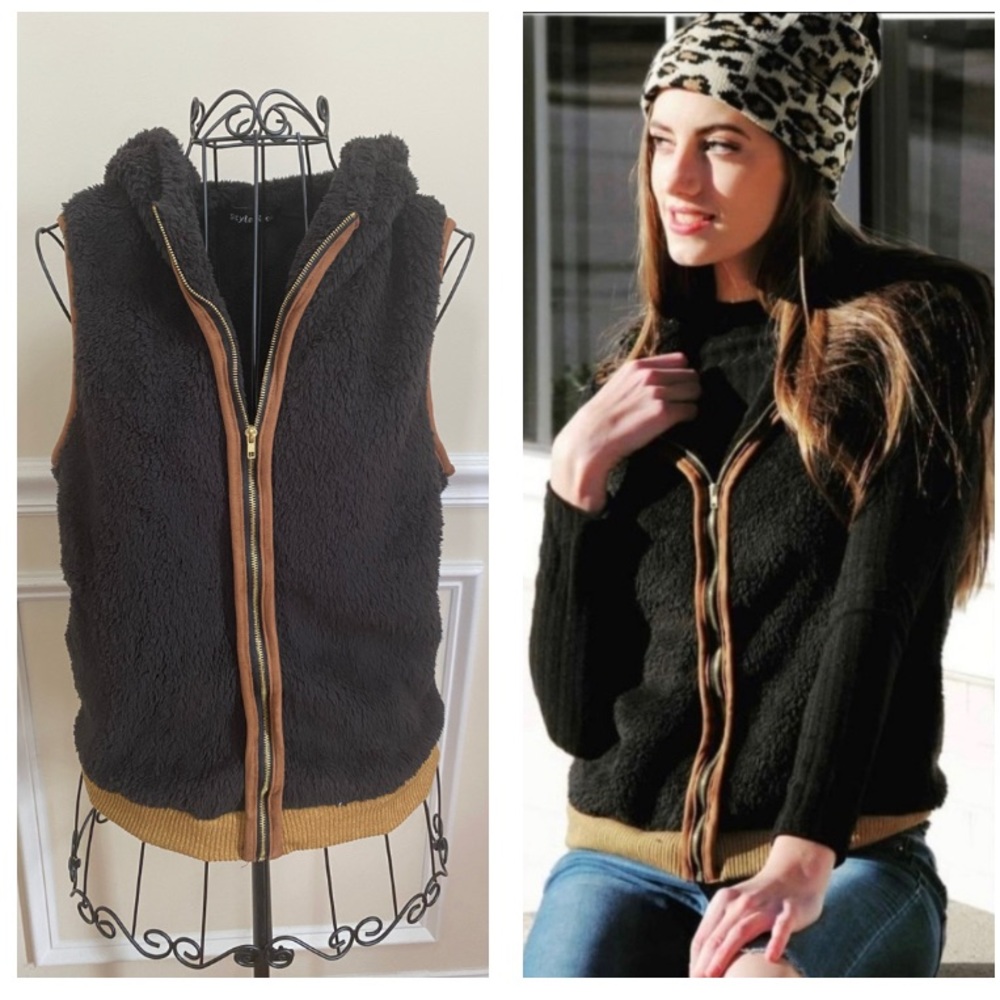 Style Rack Black Hooded Zip Front Fleece Vest